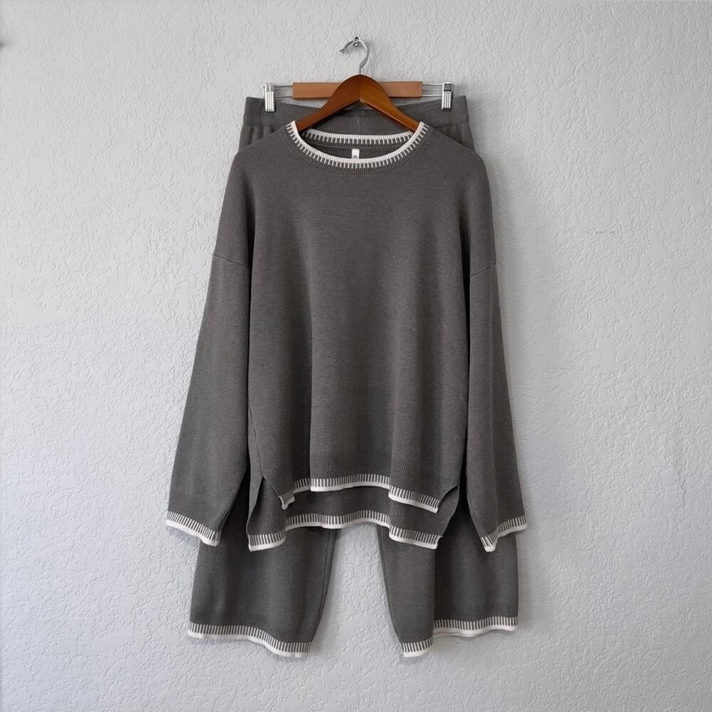 fashion gray long sleeved wide leg two piece lounge set size x-large